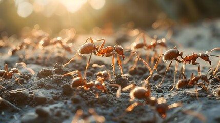 Industrious Ants Foraging in the Warm Sunlit Soil