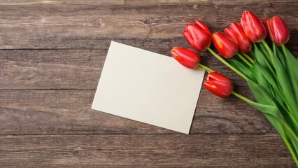  International women day, mothers day concept. Top view of tulip flowers blossoms on bright wooden background with copy space