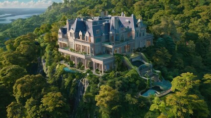  Aerial view of a luxurious modern mansion, surrounded by lush greenery, realistic painting style