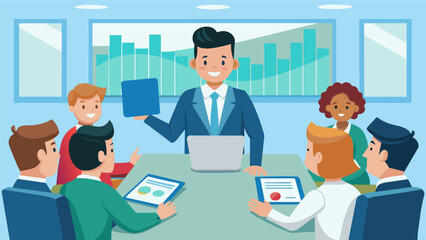 In a corporate boardroom a junior tech entrepreneur confidently presents their app to a group of potential investors emphasizing its potential for. Vector illustration