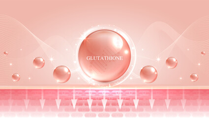 Glutathione serum drops over pink skin cells with cosmetic advertising. healthy life medical and dietary supplement. natural skin care cosmetic stimulate collagen. vector design. - obrazy, fototapety, plakaty