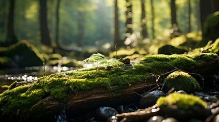 Moss covered log in forest with sunlight shining through