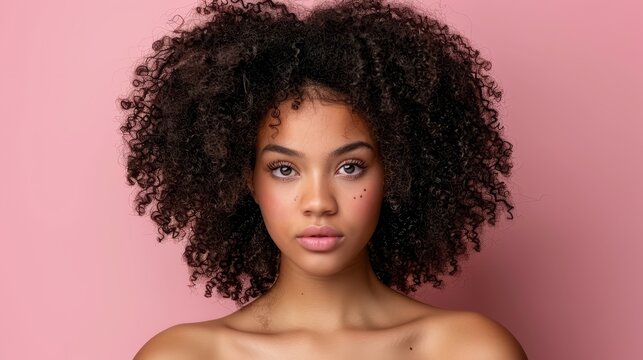   A woman's face, tightly framed in a close-up, displays frizzy hair against a soft pink backdrop
