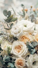 White flowers with greenery in a bridal bouquet on a table