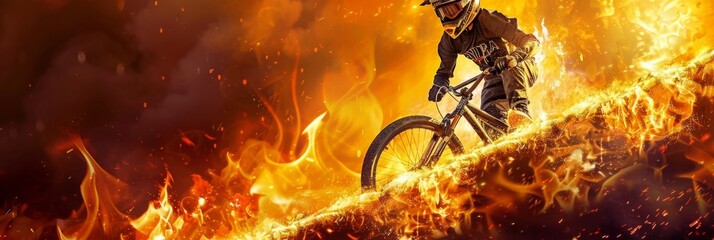 Naklejka premium Flaming BMX Biker defying Gravity with Fearless Stunts