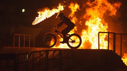 Naklejka premium Flaming BMX Bike Rider Performing a Dangerous Stunt at Night