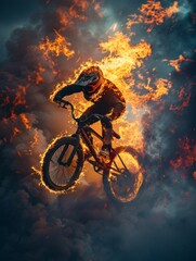 Obraz premium Flaming BMX Bike Mastery in the Urban Jungle at Dusk