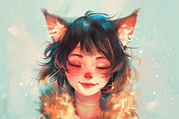 whimsical portrait of a smiling anime cat girl with adorable ear tufts digital illustration