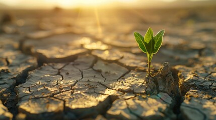 A close up of a small green plant sprouting on cracked dry land,  symbolizing life in the face of harsh conditions and environmental challenges,  enviromental care concept, world environment day