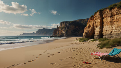 A beach with a cliff in the background with a red and white blanket and a pair of red sandals.