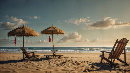 Two beach umbrellas and two beach chairs are set up on a sandy beach