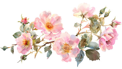 pink roses and rosebuds with green leaves on long stems, on white background