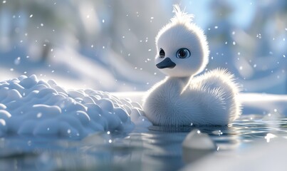 3D rendering illustration of a beautiful swan baby with cute big eyes on a snowy snowdrift