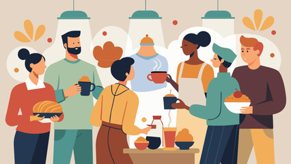 The scent of freshly brewed coffee mingles with the aroma of fresh pastries as community members gather in the local café to kick off the clothing. Vector illustration
