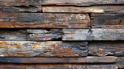   A tight shot of several weathered wood planks, bare from their stripping, bearing chips of old paint