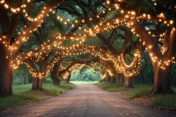 Obraz premium Trees along the road are adorned with Christmas lights