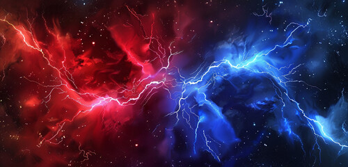 Fototapeta premium Lightning explosion in red and blue abstracts across a patriotic starry background.