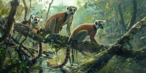 A vibrant digital painting capturing a family of lemurs migrating from the flooded forests of Madagascar in search of more sustainable habitat due to increased flooding and climate change.