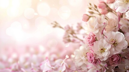 A bunch of pink and white flowers blooming on a soft pink backdrop
