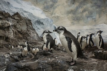 A captivating digital painting depicting a colony of penguins forced to leave their traditional nesting sites due to the spread of fishing and changing water temperatures.