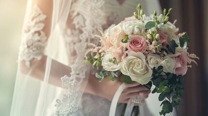 A woman in a wedding dress holding a bouquet of flowers