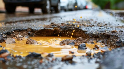   A puddle of water lies next to the road, surrounded by rocks and dirt Cars are situated on the opposite side