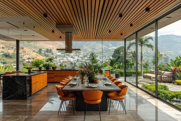 a modern kitchen with countertop pantry and dining area advertising photography
