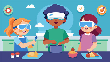Kids donning virtual reality headsets creating culinary masterpieces without the mess and chaos of a real kitchen.. Vector illustration