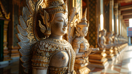 Golden Guardian Angel Statues Illuminated by Warm Sunlight in a Thai Temple