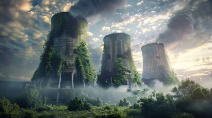 A series of power plants are covered in green plants and trees. The sky is cloudy and the atmosphere is somewhat ominous.