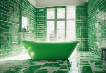 Green and white tile bathroom interior tub