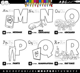 educational alphabet letters cartoon set from M to R coloring page