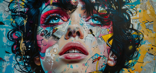 comic book art, the woman in the pop art portrait is enhanced by comic book motifs and patterns, providing depth and interest to the artwork