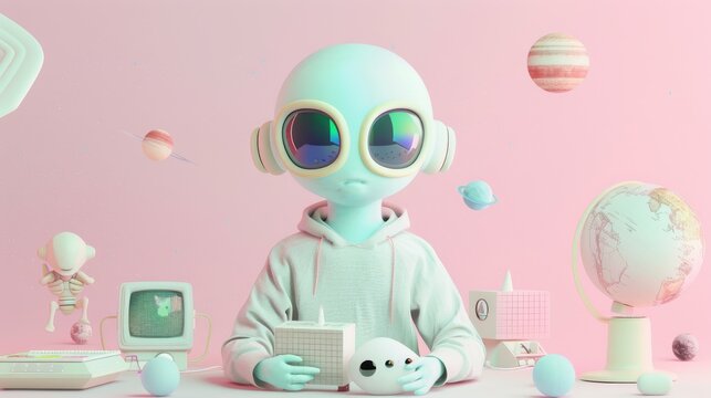 cartoon alien on a pink background