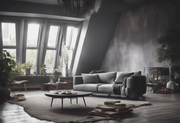 Grey attic living room interior with sofa