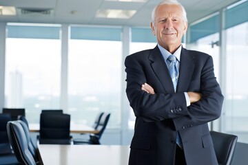 A man in a formal suit standing with his arms crossed in a confident posture