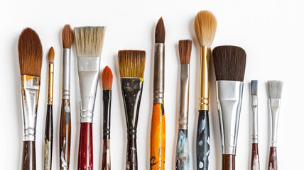 An array of well-used paintbrushes of various sizes and shapes on a white background, showing signs...