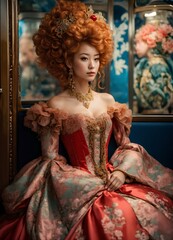 Beautiful Rococo Princess sitting on the Japanese metro", elaborate gown, massive curly red rococo hair, head and shoulders portrait, finely drawn eyes, 8k photo