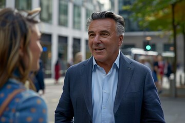 Obraz premium A man in a professional suit having a conversation with a woman in a formal setting
