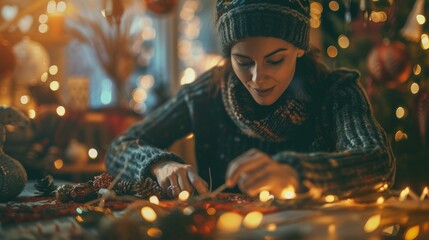 The picture of the family member is setting up holiday decorations, with the focus on their hands and the festive decor of christmas holiday, creating warm atmosphere with home cozy lighting. AIG43.