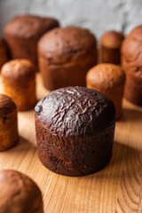 Freshly Baked crunchy Panettone on shop counter