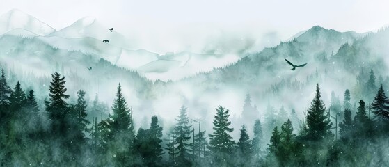 A watercolor of nature capturing a misty forest at dawn in cute styles, Simple detail clipart cute watercolor on white background