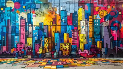 urban mural art, a cityscape mural on a building facade incorporates graffiti art to tell a unique story through detailed imagery