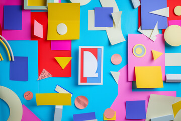A background with various geometric shapes and paper cutouts. A flat lay of color paper, including geometric shapes and symbols in various shades of blue, pink, yellow, red, orange and purple.