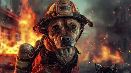 Amazing of a domestic animal, illustrating a dog as a firefighter heroically saving pets, with portrait, set in a flaming neighborhood, Sharpen banner cinematic with copy space