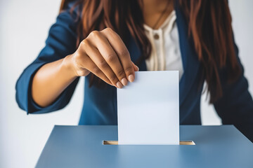 A woman's hand throwing a ballot into a ballot box. Election concept, referendum voting.