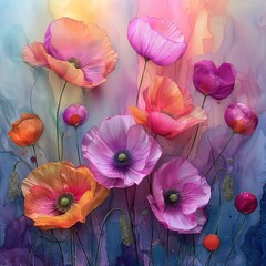 A colorful painting depicting poppies is made with alcohol ink