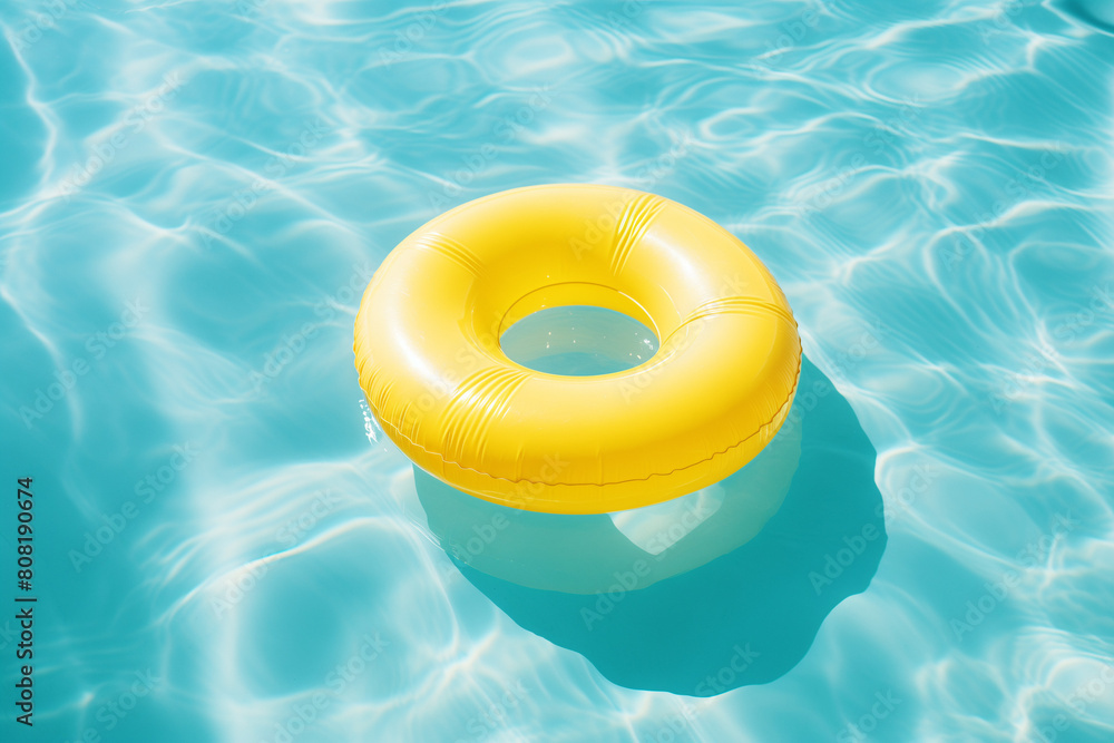 Poster yellow pool float drifting in azure water, evoking summer vibes