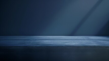 Studio with podium for product presentation. Empty floor and blue wall with stand. 3D room with gradient background. Countertop with concrete or marble texture.
