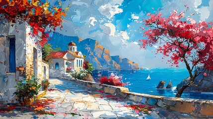 A painting of a pink building with a yellow door and a tree in front of it